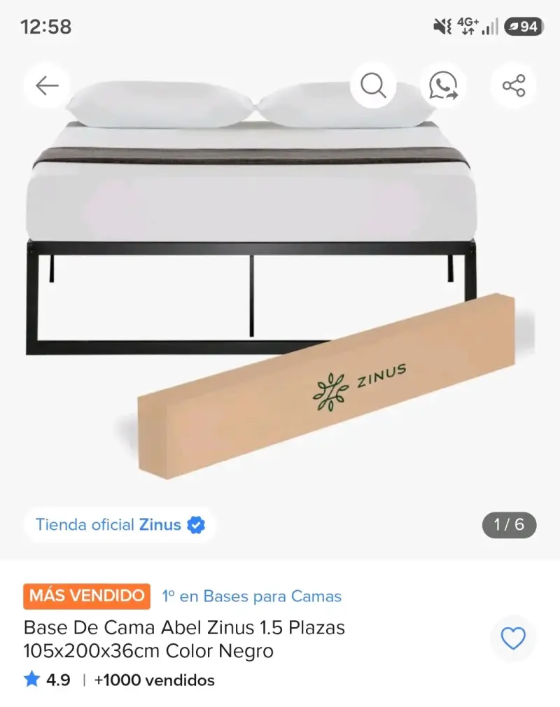 Base de Cama Zinus Abel 1.5 Plazas Negra