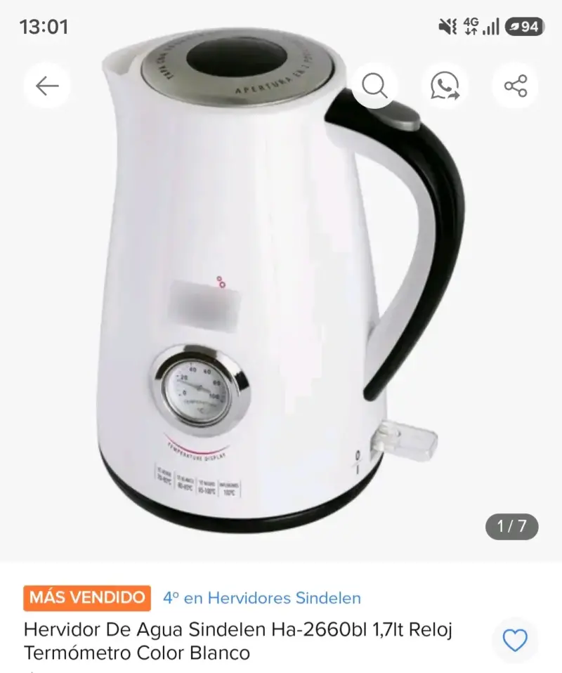 Hervidor de Agua Sindelen HA-2660BL 1.7L con Termómetro