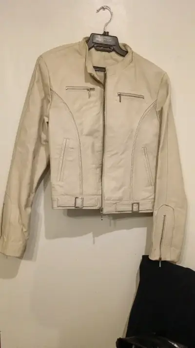Chaqueta de cuero natural beige para mujer - miniatura 1