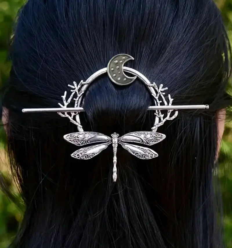Horquilla de cabello con diseño de libélula y luna
