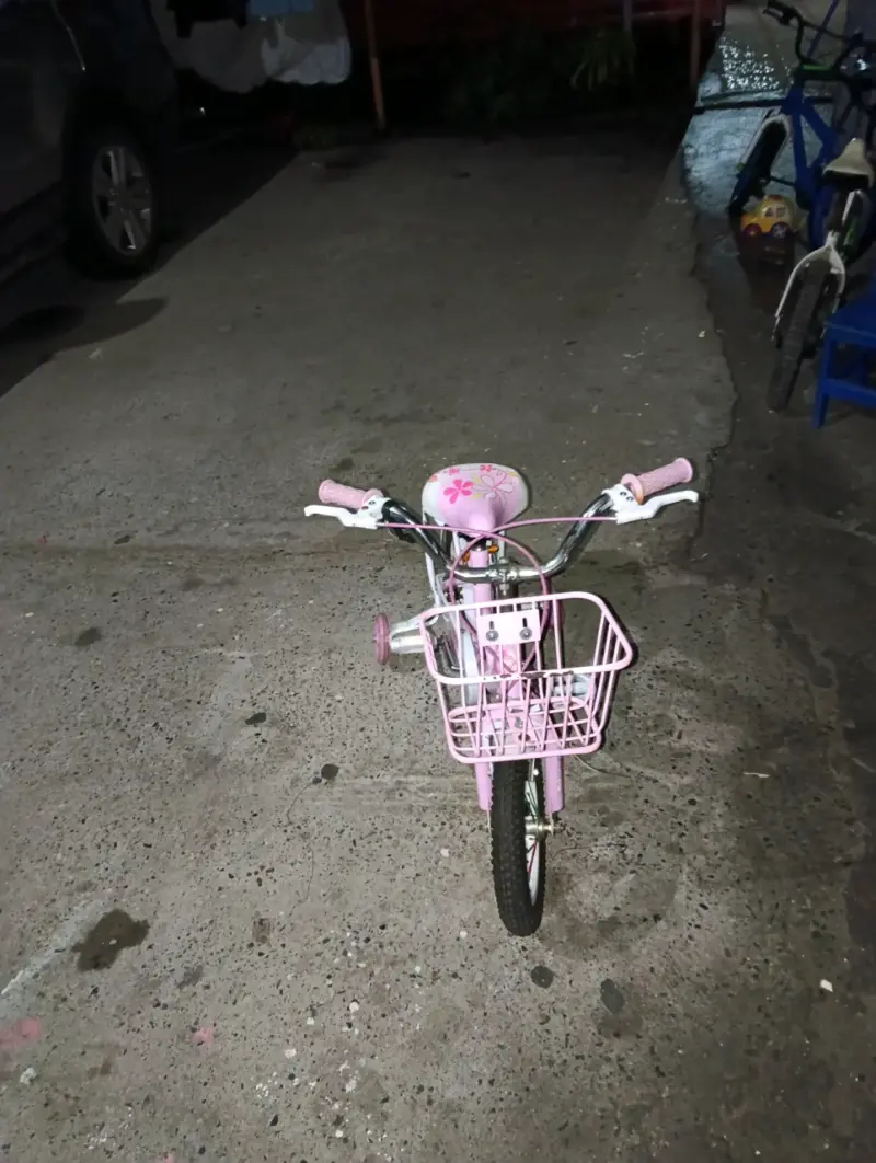 Bicicleta infantil rosada con canasto y rueditas - 2
