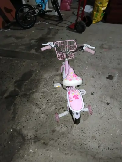 Bicicleta infantil rosada con canasto y rueditas - miniatura 3