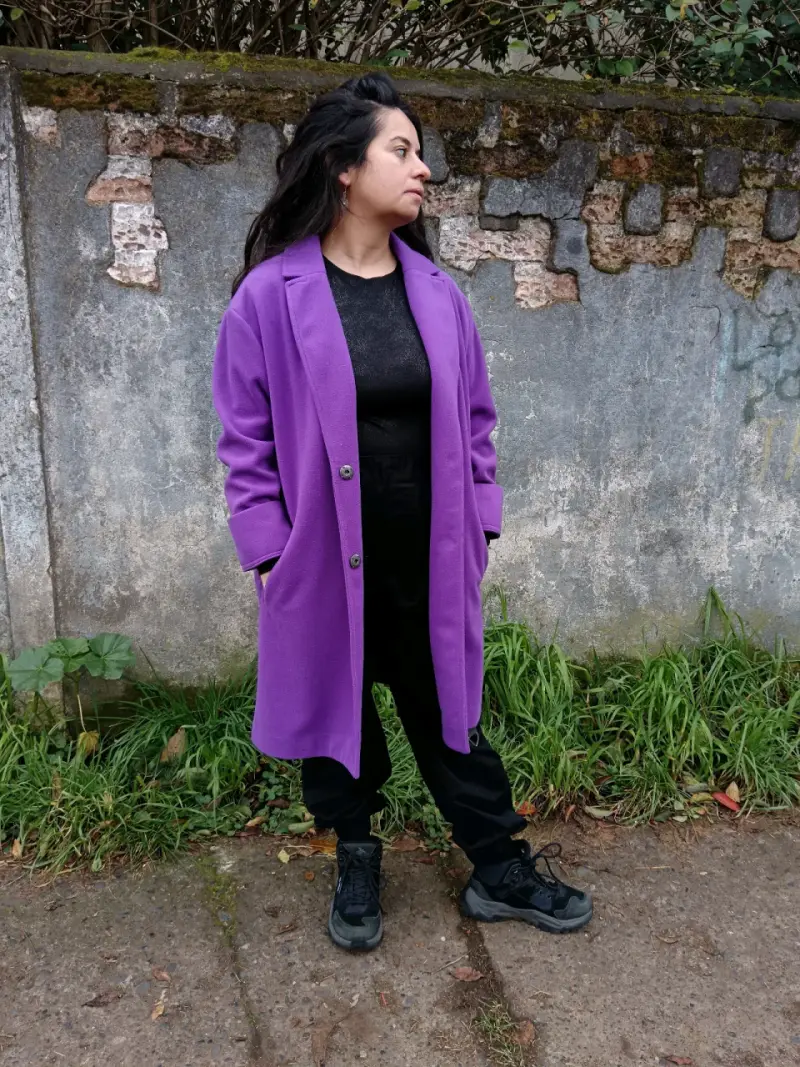 Abrigo largo de lana en colores morado y verde - 2