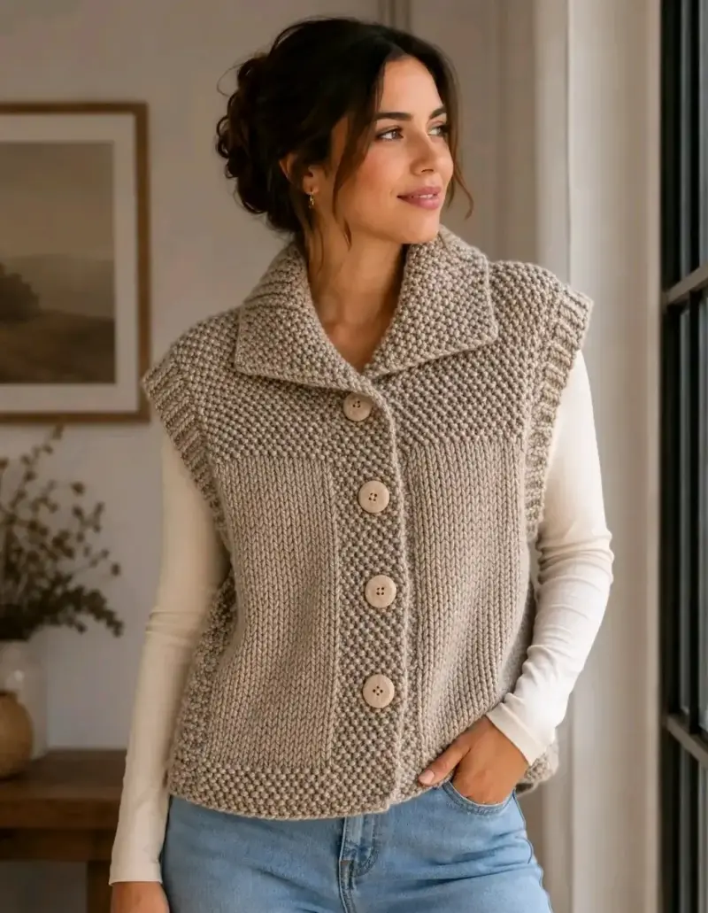 Chaleco tejido de mujer color beige con botones
