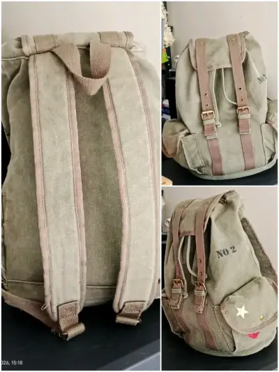 Mochila vintage de lona verde con correas ajustables - miniatura 5