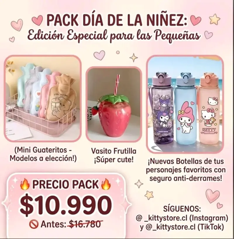 Pack Día de la Niñez con guateritos, vaso y botellas