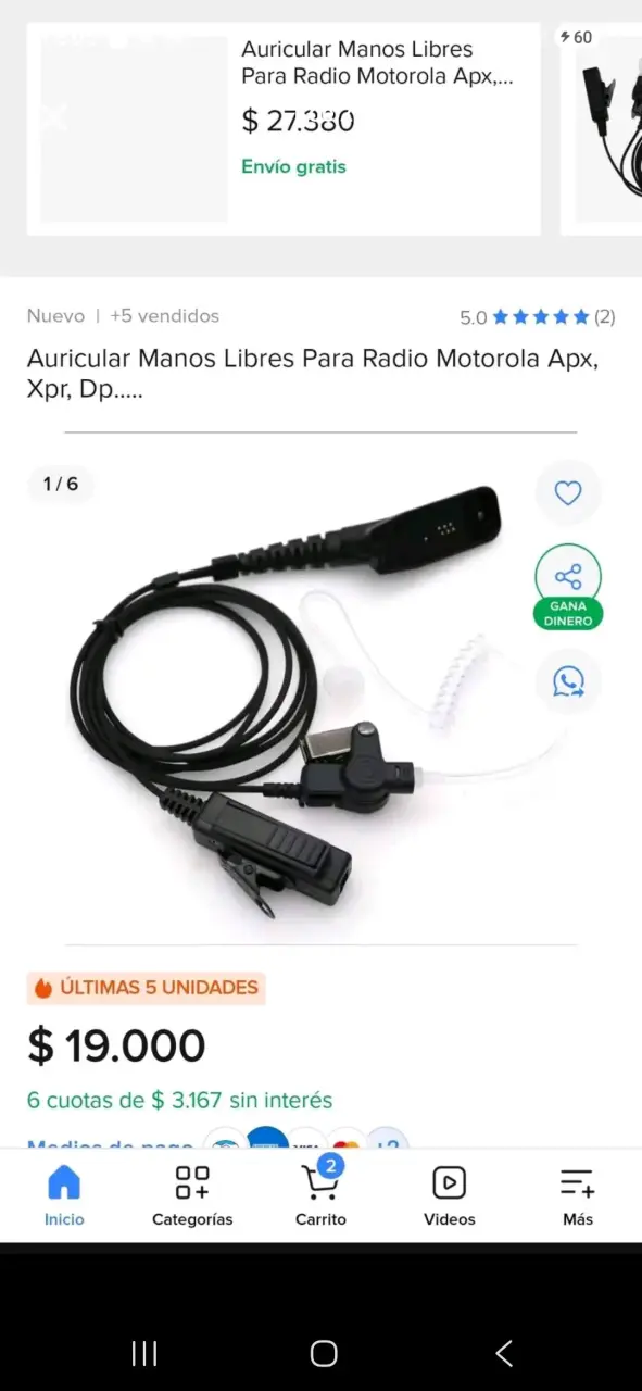 Auricular manos libres para radio Motorola APX - 1