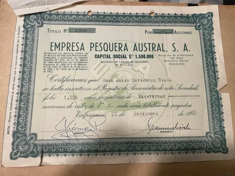Certificado de acciones Empresa Pesquera Austral 1963 - 1