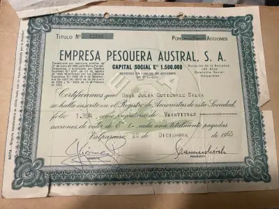 Certificado de acciones Empresa Pesquera Austral 1963 - miniatura 1