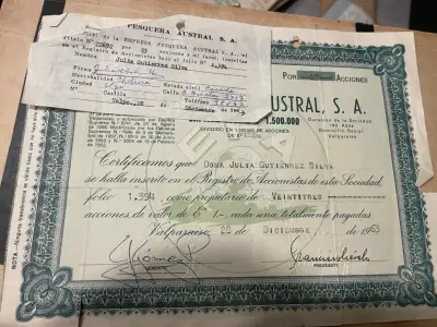 Certificado de acciones Empresa Pesquera Austral 1963 - miniatura 2