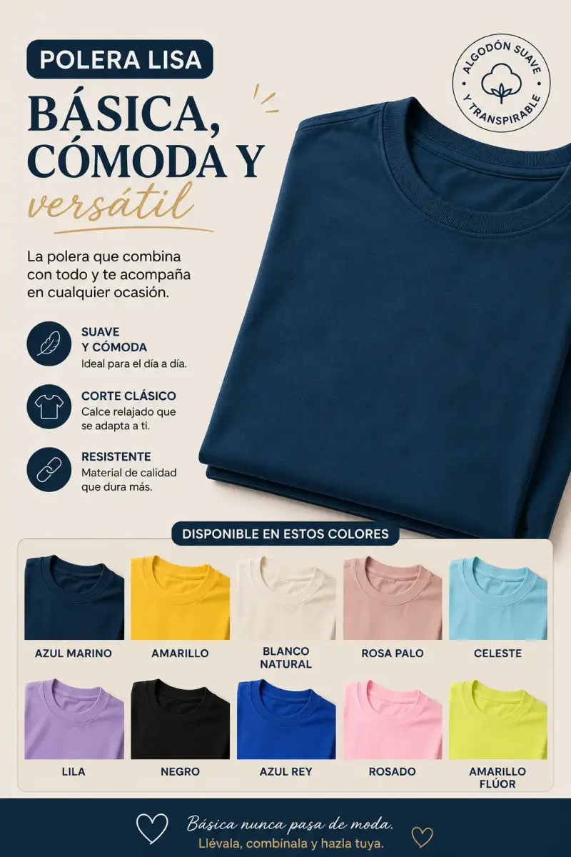 Polera lisa básica y cómoda en varios colores