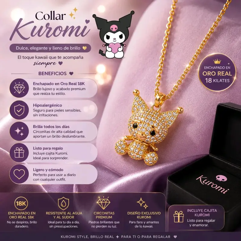 Collar Kuromi enchapado en oro 18K con circonitas