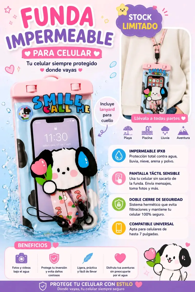 Funda impermeable para celular con lanyard