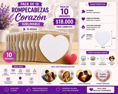 Pack de 10 rompecabezas corazón sublimable - miniatura 1