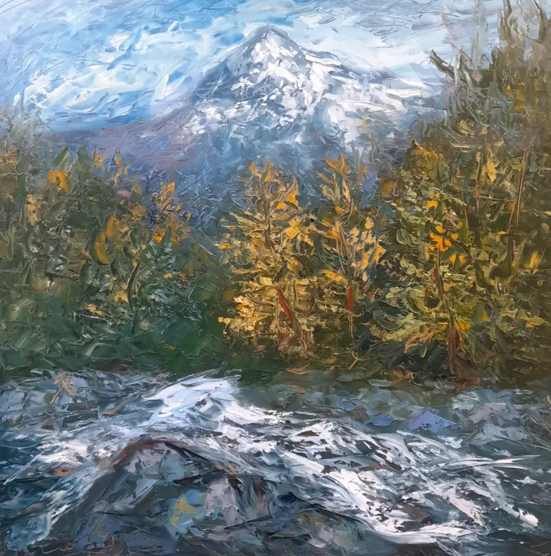 Cuadro de paisaje montañoso al óleo