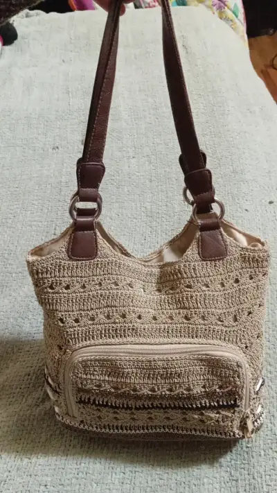 Bolso tejido  con asas de cuero vintage - miniatura 1