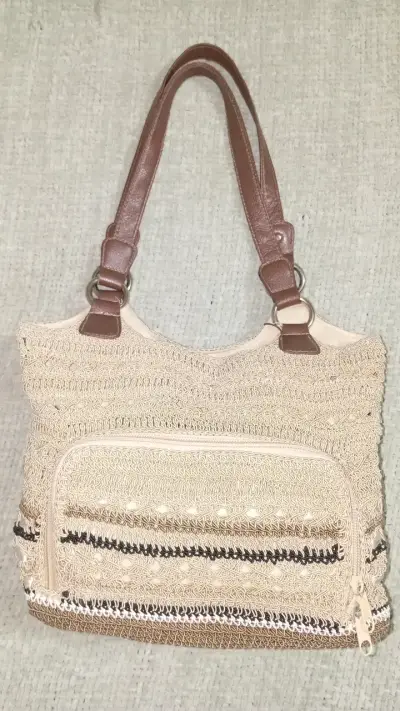 Bolso tejido  con asas de cuero vintage - miniatura 3