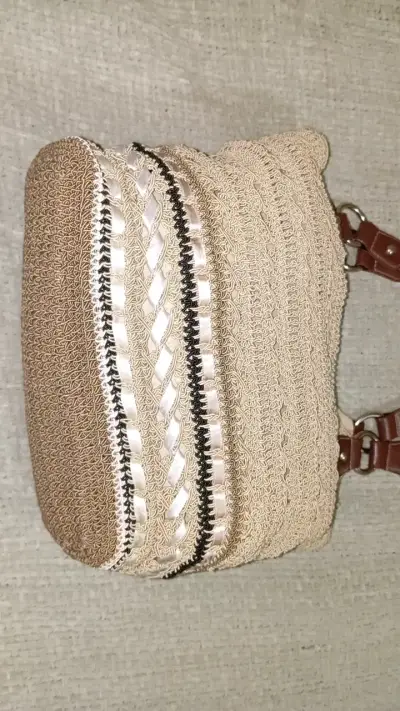 Bolso tejido  con asas de cuero vintage - miniatura 4