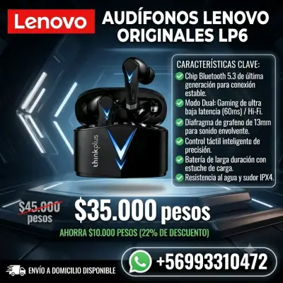 Audífonos Lenovo LP6 Bluetooth 5.3 Originales - miniatura 1