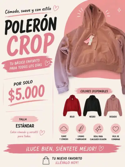 Polerón crop suave y cómodo en color rosado - miniatura 1