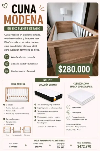 Cuna Modena en excelente estado con colchón - miniatura 1