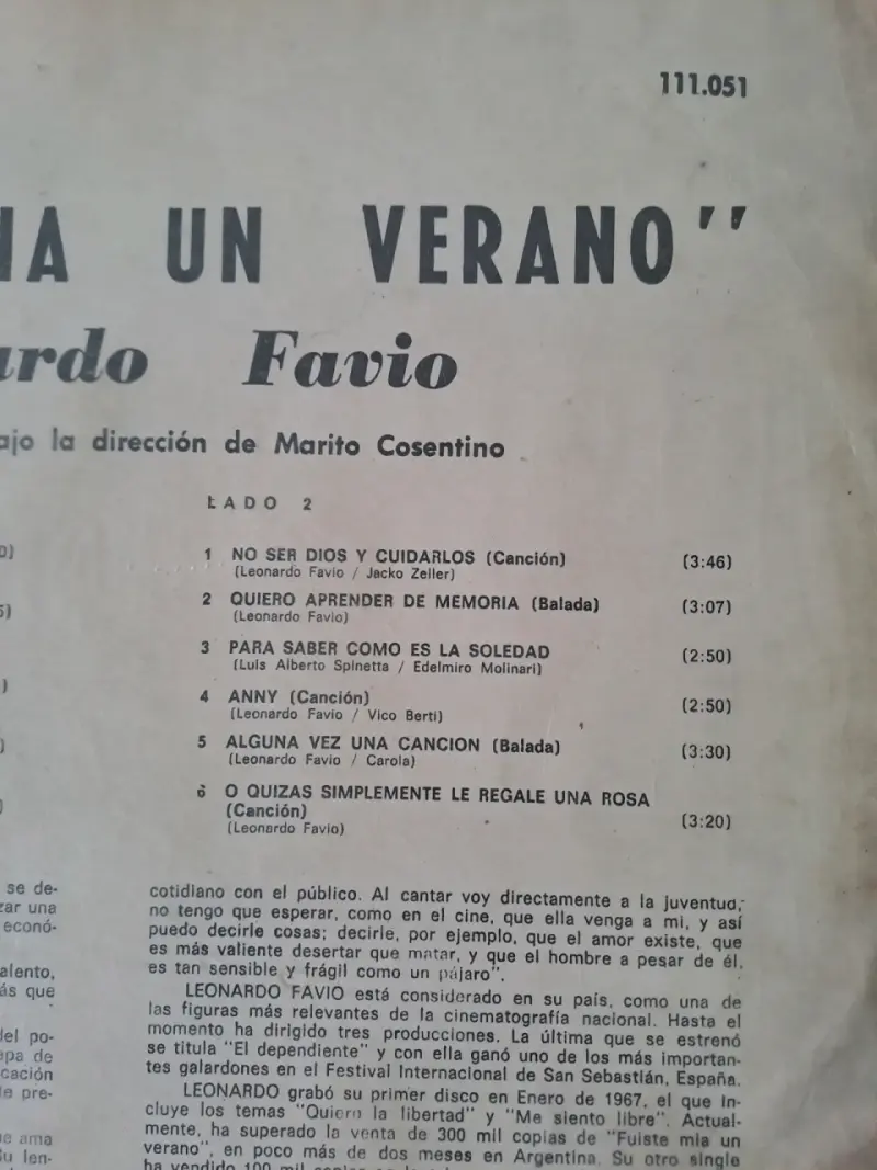 Vinilo Leonardo Favio Fuiste Mía Un Verano - 6