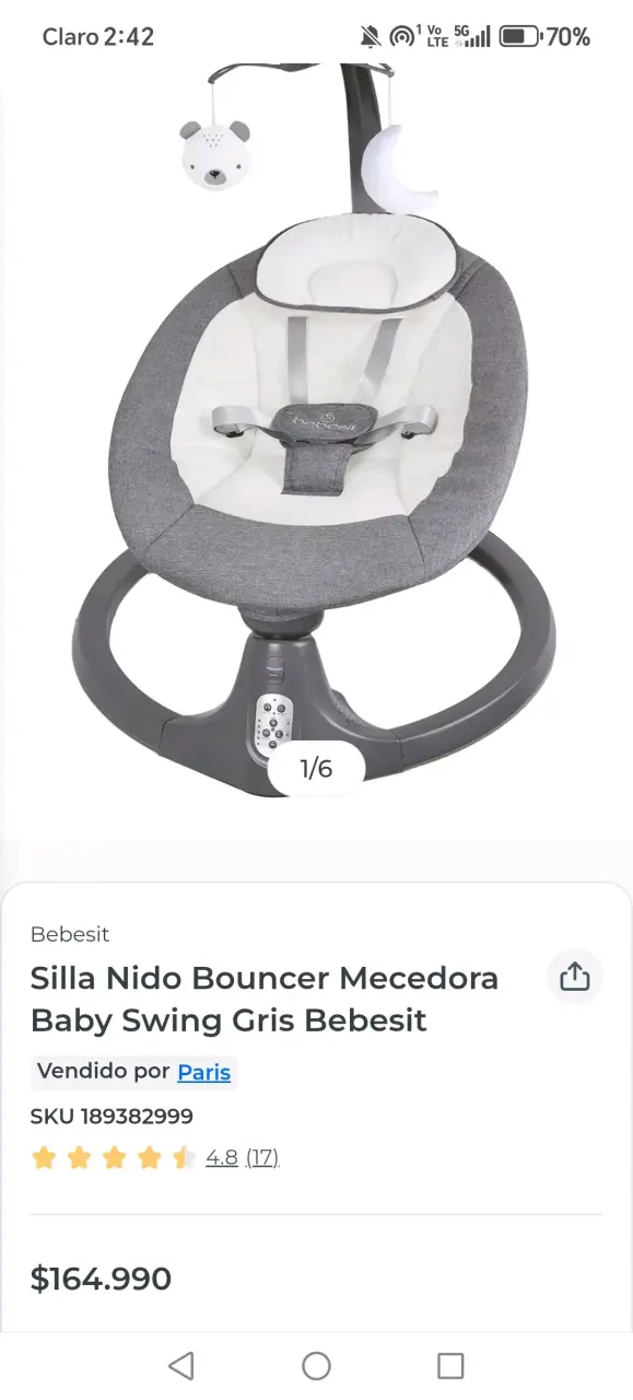 Silla Nido Bouncer Mecedora Bebesit Gris - 1