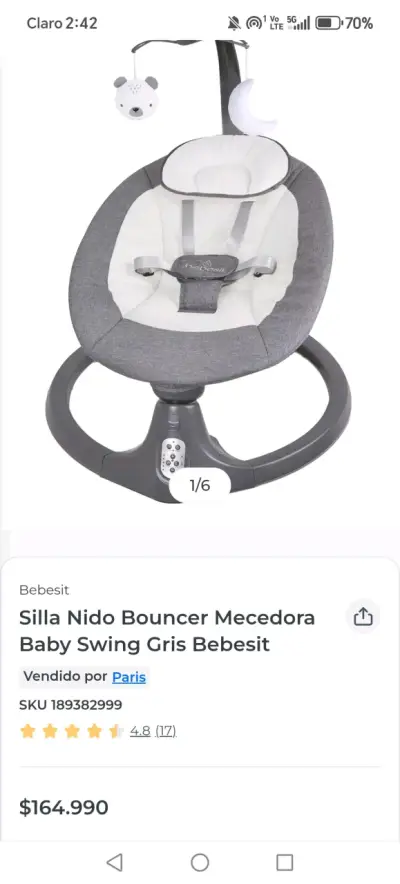 Silla Nido Bouncer Mecedora Bebesit Gris - miniatura 1