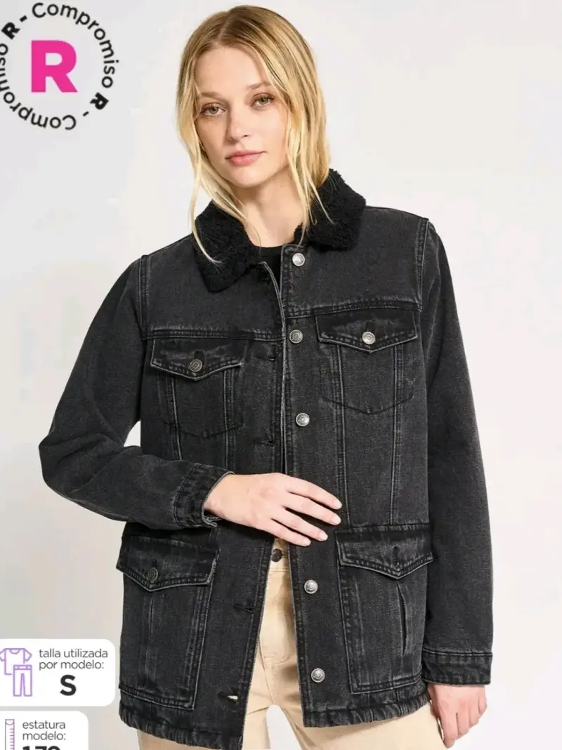 Chaqueta de mezclilla negra con forro de borrego - 1