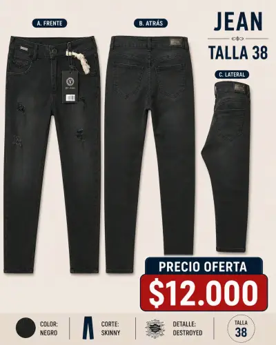 Jeans Skinny Negro Destroyed Talla 38 - miniatura 1