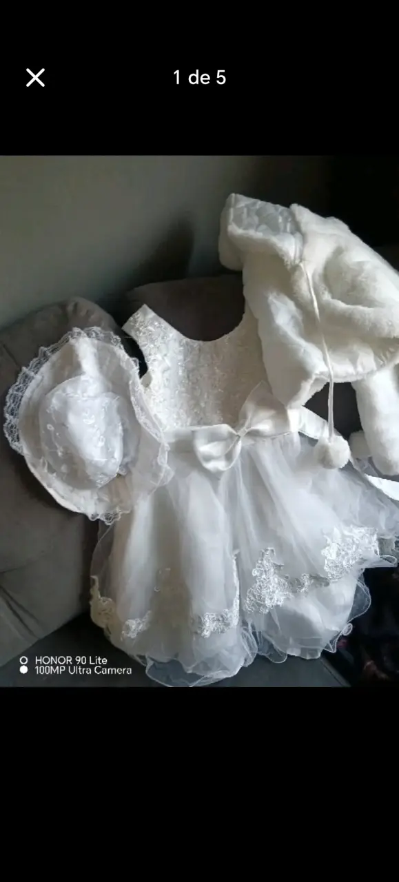 Vestido de Bautizo Blanco con Encaje y Sombrero - 1