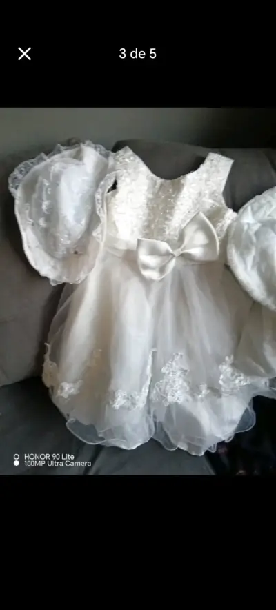 Vestido de Bautizo Blanco con Encaje y Sombrero - miniatura 4