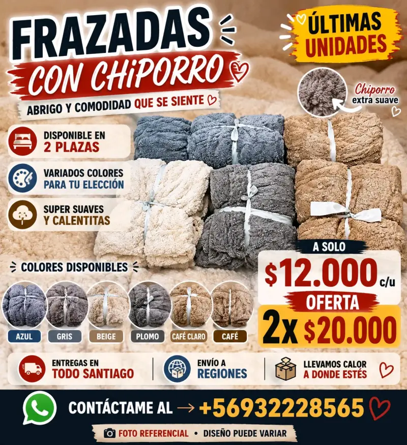 Frazada con chiporro 2 plazas varios colores