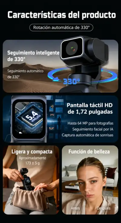 Cámara pocket 4K con pantalla táctil y gimbal Wifi - miniatura 3