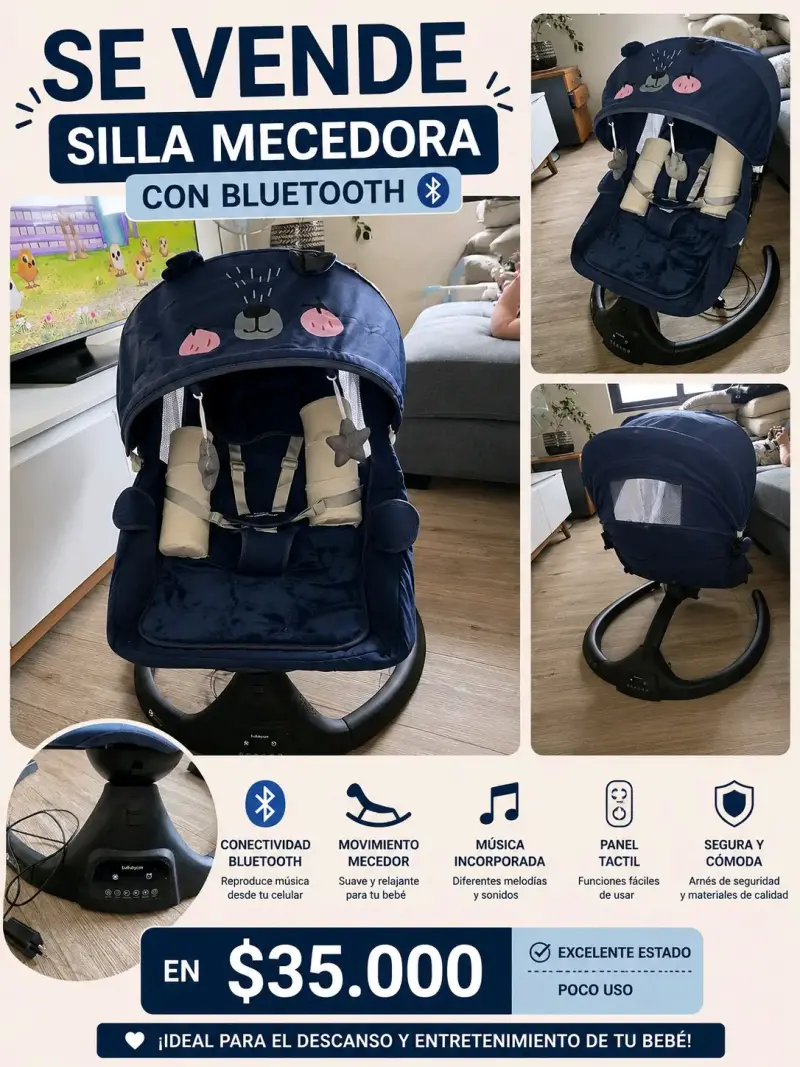 Hamaca eléctrica para bebé azul con diseño de oso - 5