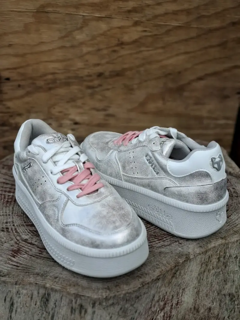 Zapatillas deportivas plateadas con cordones rosas para mujer - 3
