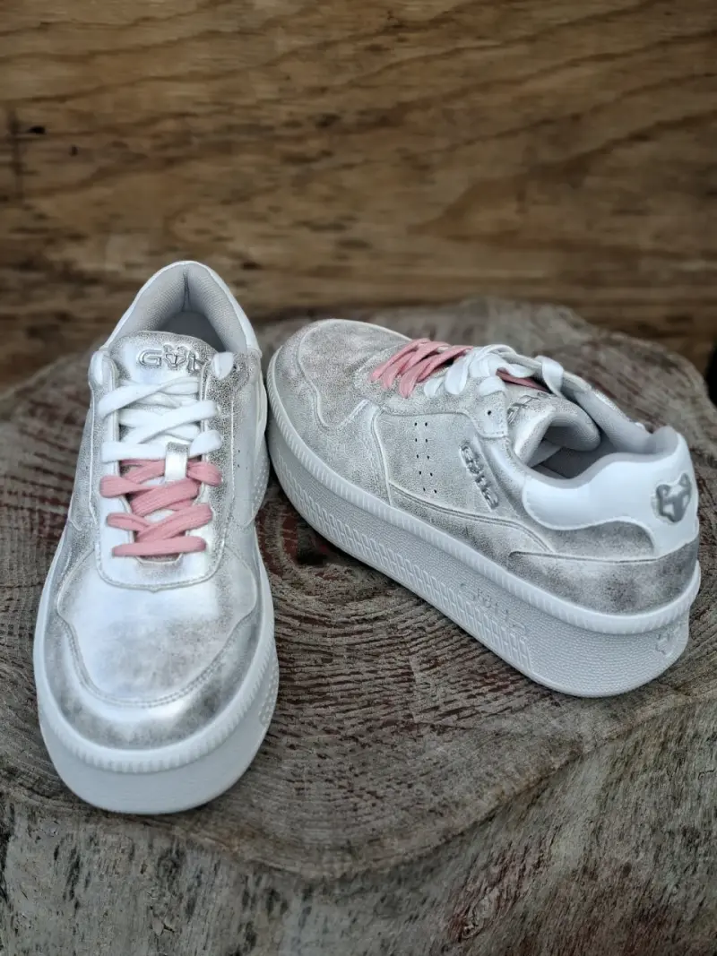 Zapatillas deportivas plateadas con cordones rosas para mujer - 4
