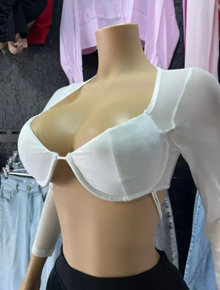 Top transparente con mangas largas beige y blanco - 2