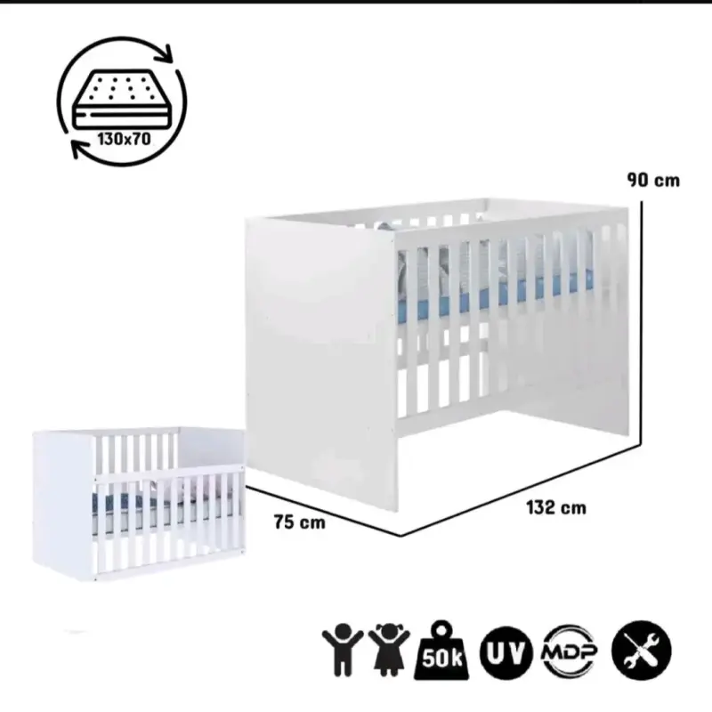 Cuna de madera blanca para bebé con colchón incluido - 2