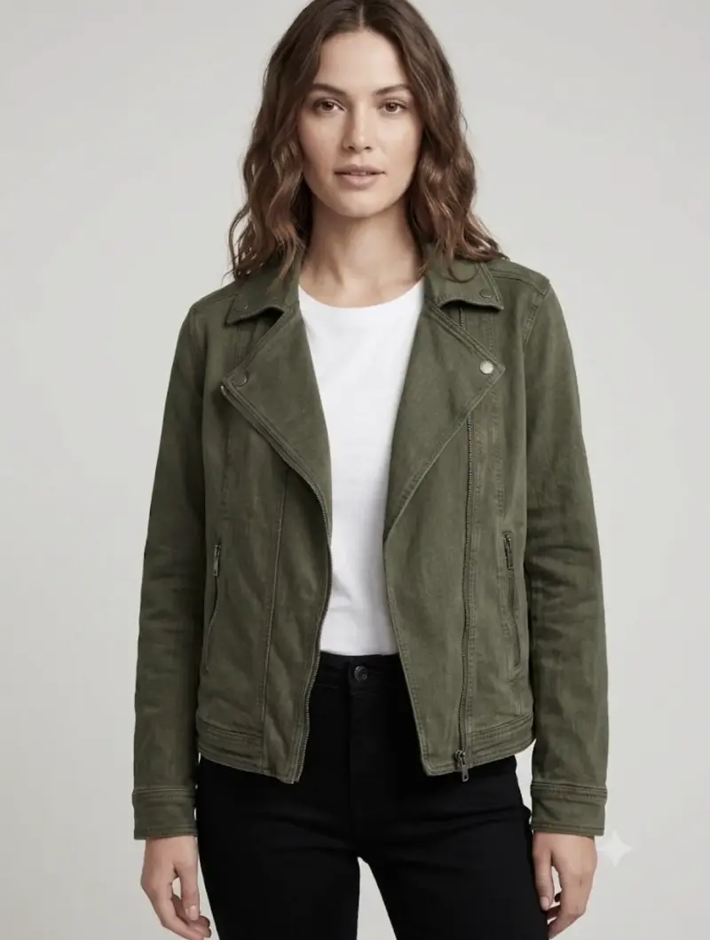 Chaqueta de mujer verde oliva estilo biker - 1