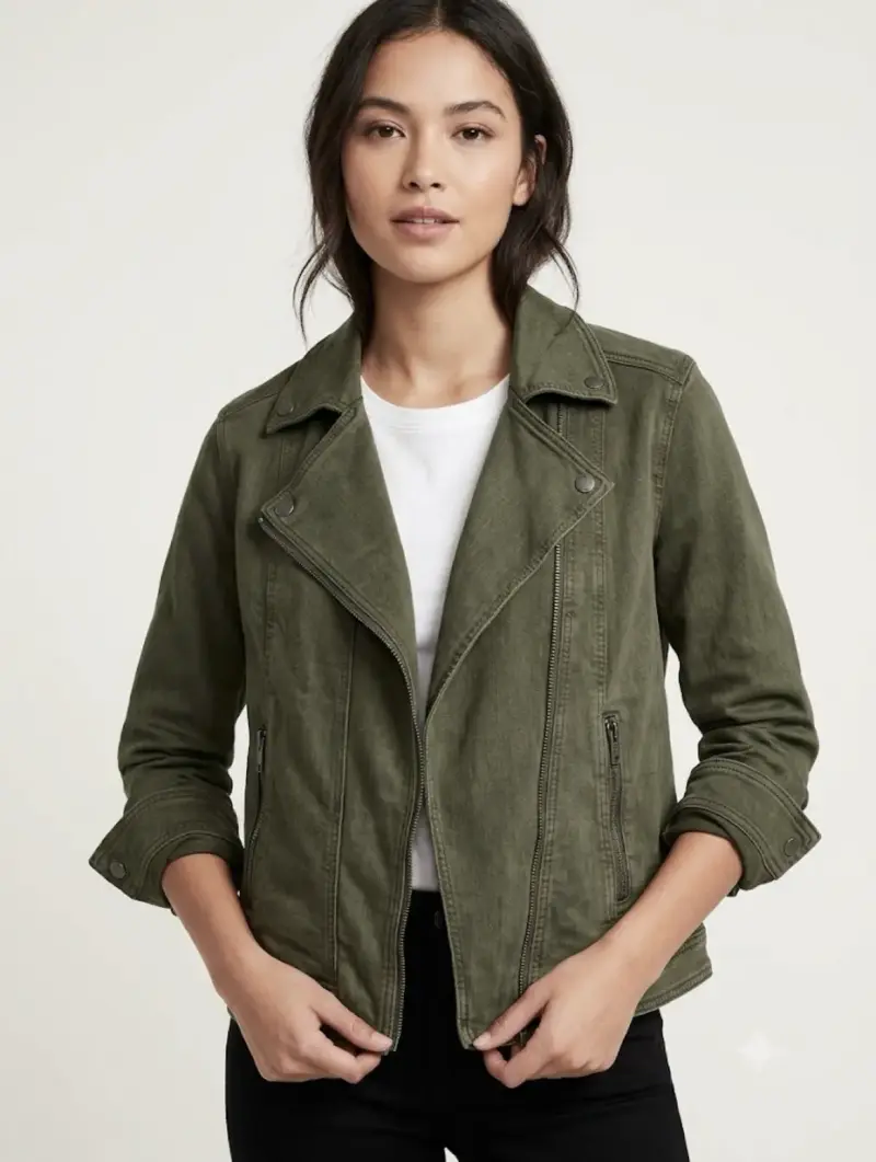 Chaqueta de mujer verde oliva estilo biker - 5