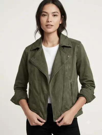 Chaqueta de mujer verde oliva estilo biker - miniatura 5