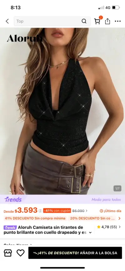 Camiseta sin tirantes de punto brillante negra - miniatura 1
