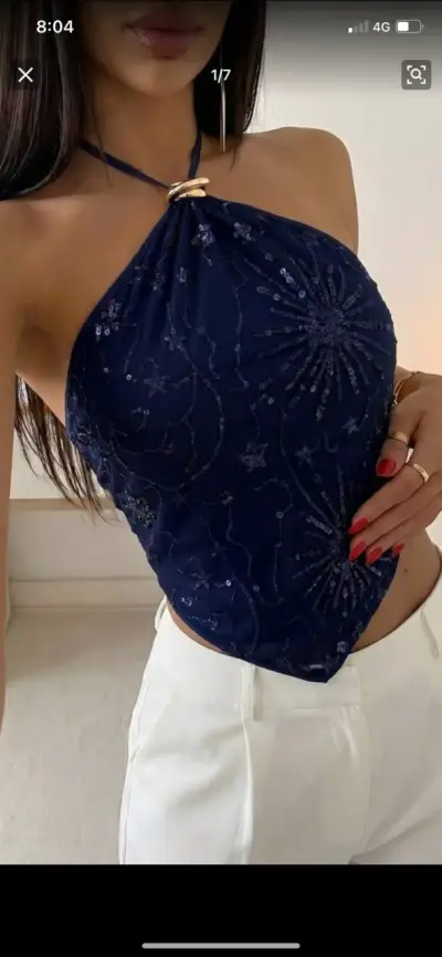 Top halter azul con lentejuelas elegante - miniatura 1