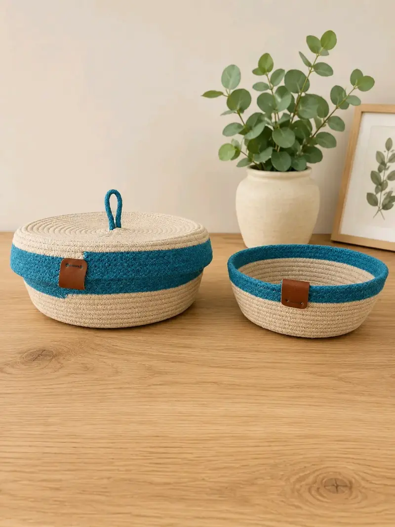 Set de canastos de cuerda con tapa y detalles azules