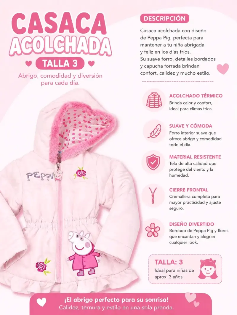 Casaca acolchada Peppa Pig talla 3 para niña