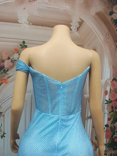 Vestido de fiesta celeste con malla de piedras - miniatura 1