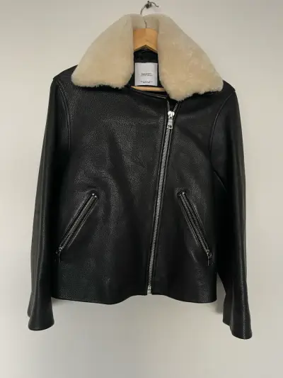 Chaqueta de cuero negra con cuello de lana Mango - miniatura 1