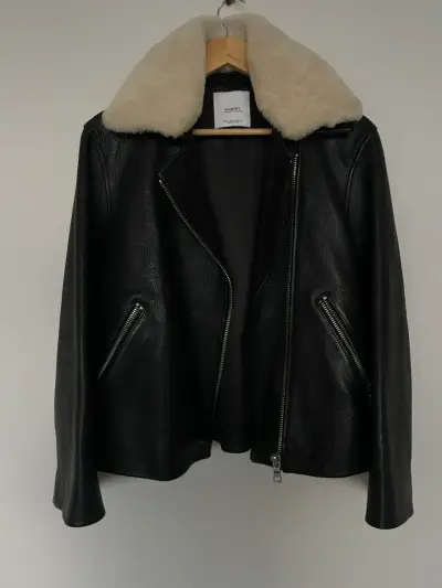 Chaqueta de cuero negra con cuello de lana Mango - miniatura 3