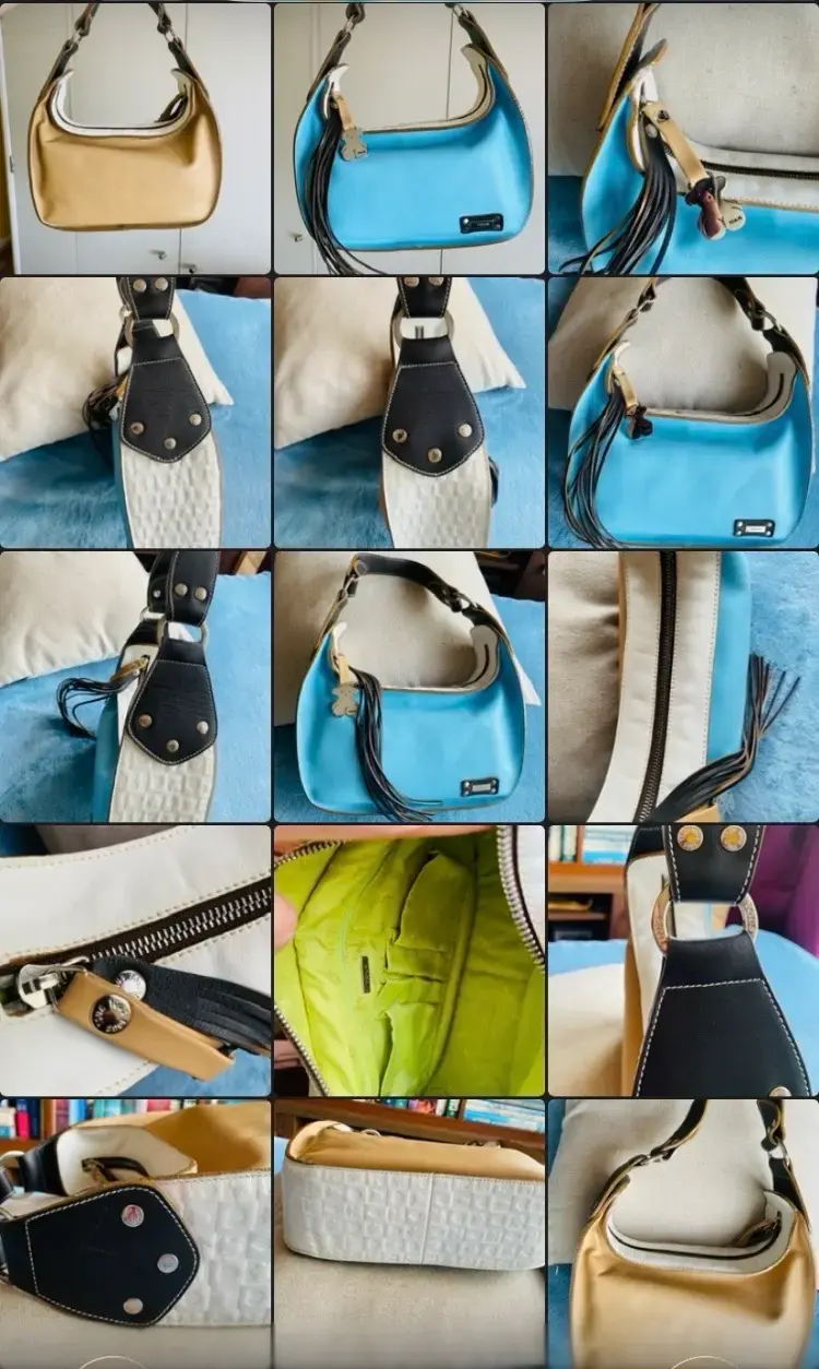 Bolso Tous bicolor celeste y dorado cuero